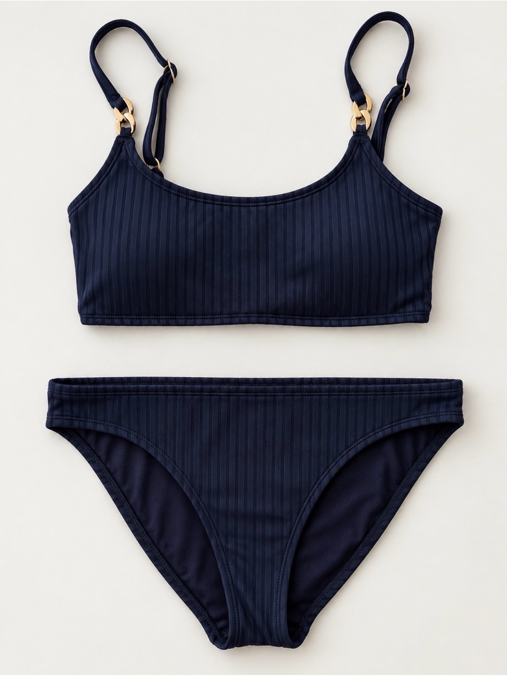 MICHAEL Michael Kors Navy Ribbed Two-Piece Bikini with Gold Hardware Size Small